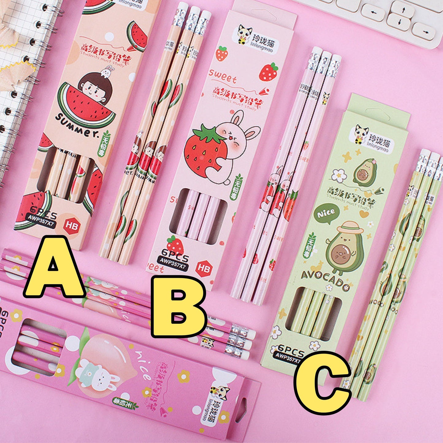 6 pcs Kawaii Pencil Packs | Animal, Princess, Fruits Pencils Set for kids and animal lovers | Birthday Gift for Teacher | Kawaii Pen Set |