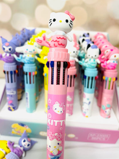 Sanrio 3D Charm Multi Pen - Mermaid Kuromi, Cinnamoroll, Hello Kitty, My Melody, Pompompurin - 10 Colors - Kawaii Gift for Sanrio Fans