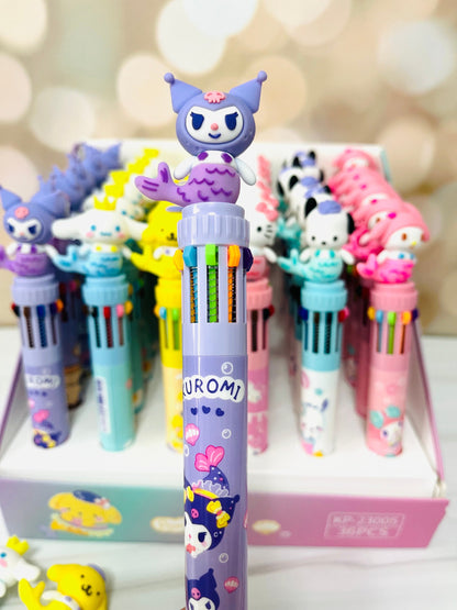 Sanrio 3D Charm Multi Pen - Mermaid Kuromi, Cinnamoroll, Hello Kitty, My Melody, Pompompurin - 10 Colors - Kawaii Gift for Sanrio Fans