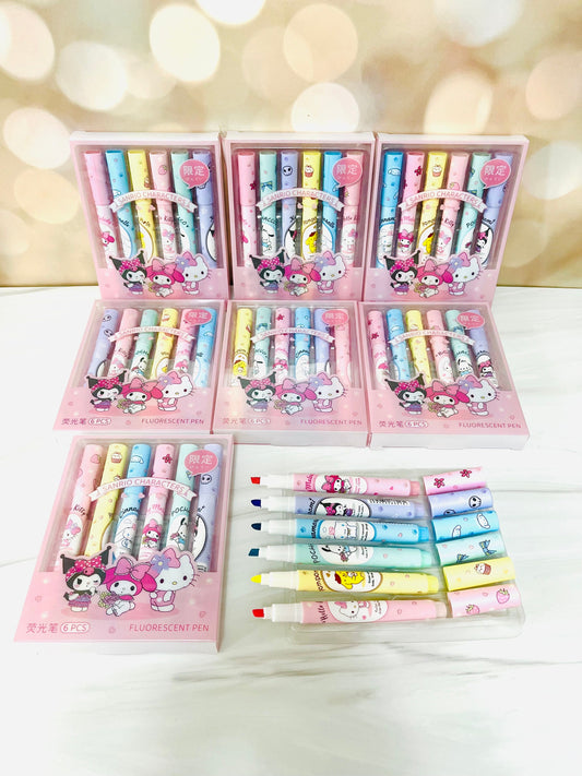 Sanrio Highlighter Set - Kuromi, Cinnamoroll, Hello Kitty, My Melody, Pompompurin - Pack of 6 Highlighters - Birthday Gift