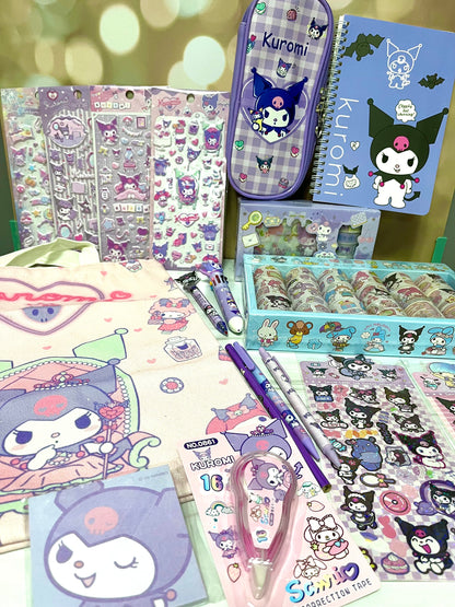 Kuromi Stationery Gift Box - Sanrio Kuromi Washi Tape, Pen, pencils, stickers, tote, notebook, sticky notes Birthday Gift for Kids