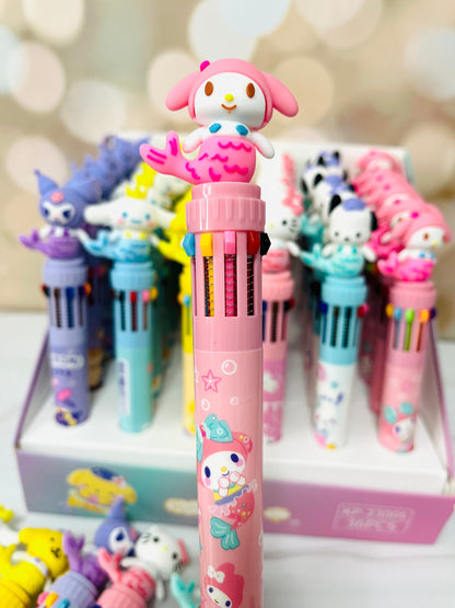 Sanrio 3D Charm Multi Pen - Mermaid Kuromi, Cinnamoroll, Hello Kitty, My Melody, Pompompurin - 10 Colors - Kawaii Gift for Sanrio Fans