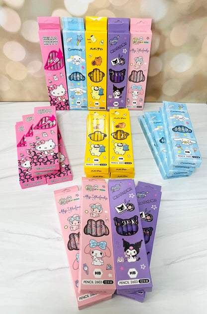 Sanrio Pencils Set - 12 pencils  - Mermaid Kuromi, Cinnamoroll, Hello Kitty, My Melody, Pompompurin  - Kawaii Gift for Sanrio Fans