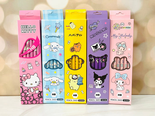 Sanrio Pencils Set - 12 pencils  - Mermaid Kuromi, Cinnamoroll, Hello Kitty, My Melody, Pompompurin  - Kawaii Gift for Sanrio Fans