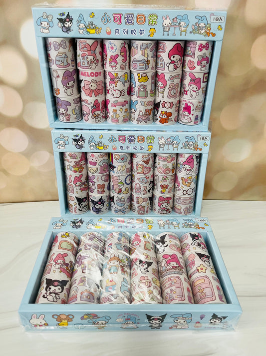 Sanrio 18 Washi Rolls Box -  Kuromi and My Melody - Kawaii Gift for Sanrio Fans - Perfect for Crafting and Decorating - Stationery Gift Idea