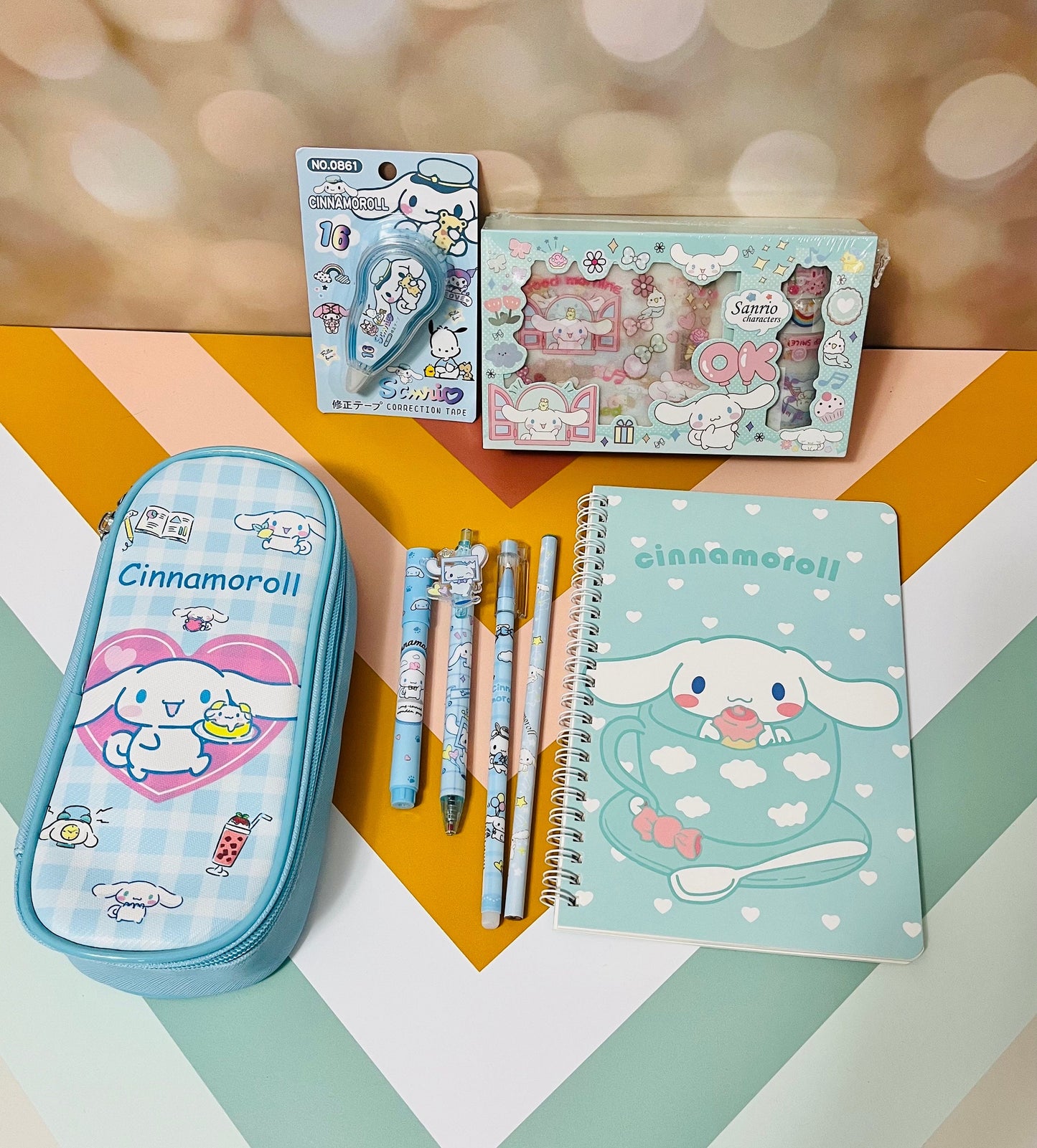 Personalized Name Cinnamoroll Stationery Gift Box | Sanrio Cinnamoroll Notebook, Pencil Bag, Stickers, Pen and Pencil, Wite-out, Highlighter