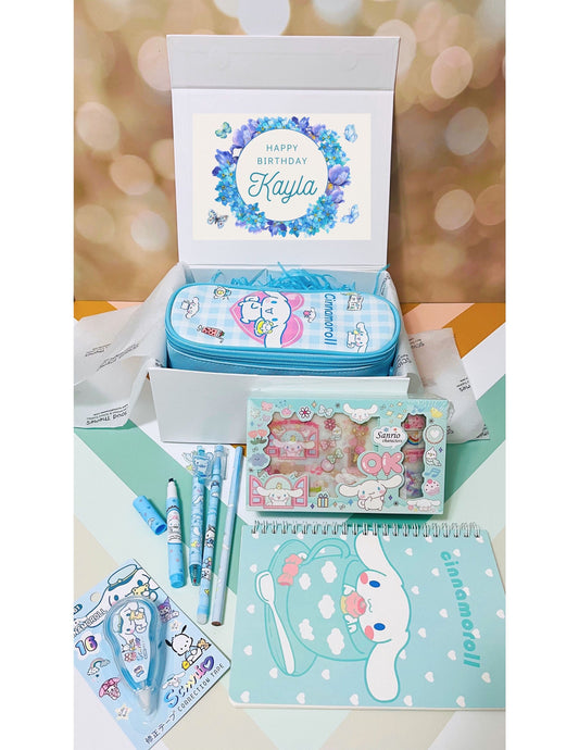 Personalized Name Cinnamoroll Stationery Gift Box | Sanrio Cinnamoroll Notebook, Pencil Bag, Stickers, Pen and Pencil, Wite-out, Highlighter