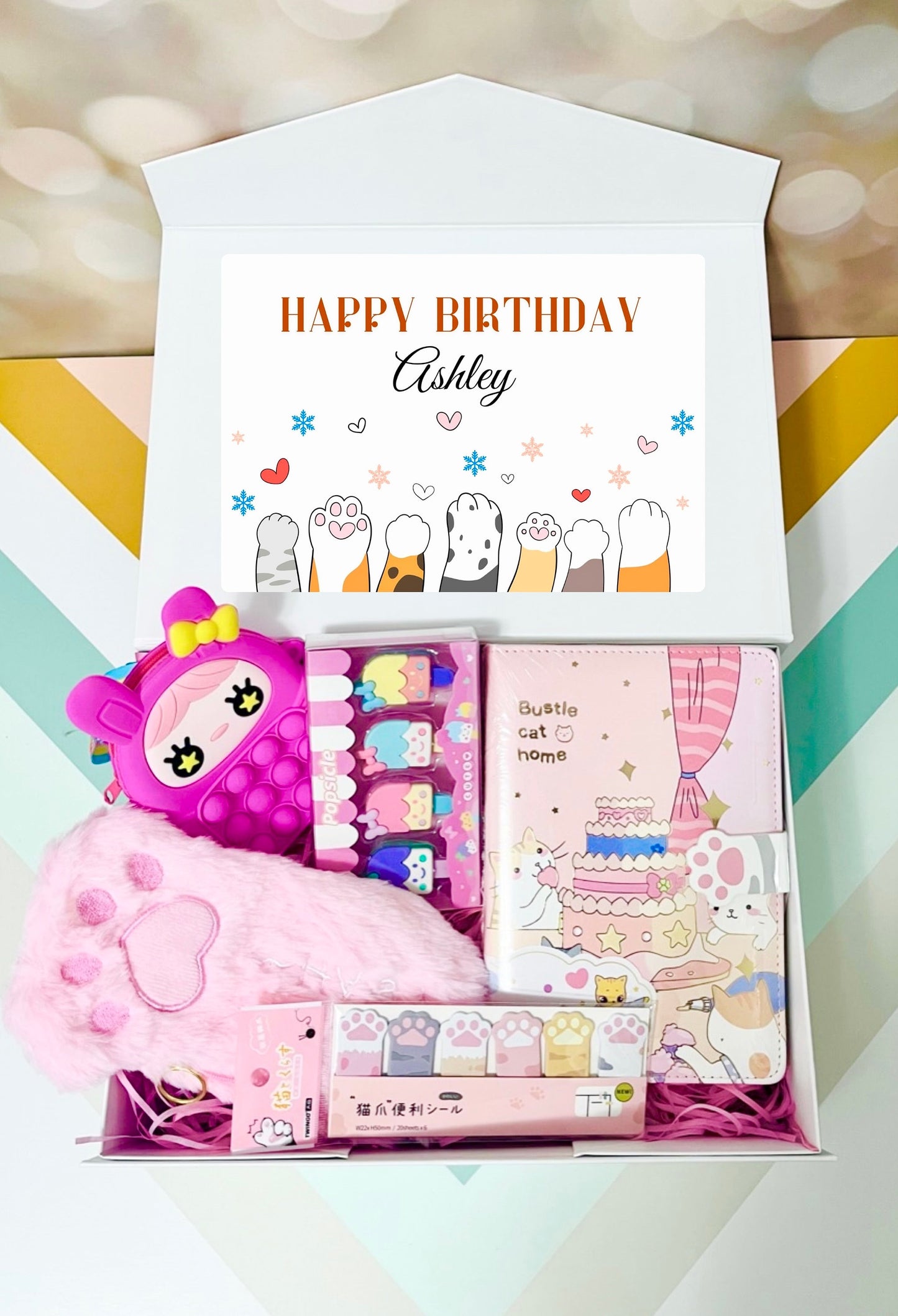 Personalized Name Cat Themed Stationery Gift Box | Customized School Supplies Gift | Birthday Gift, Thank you Gift for classmates, and kids