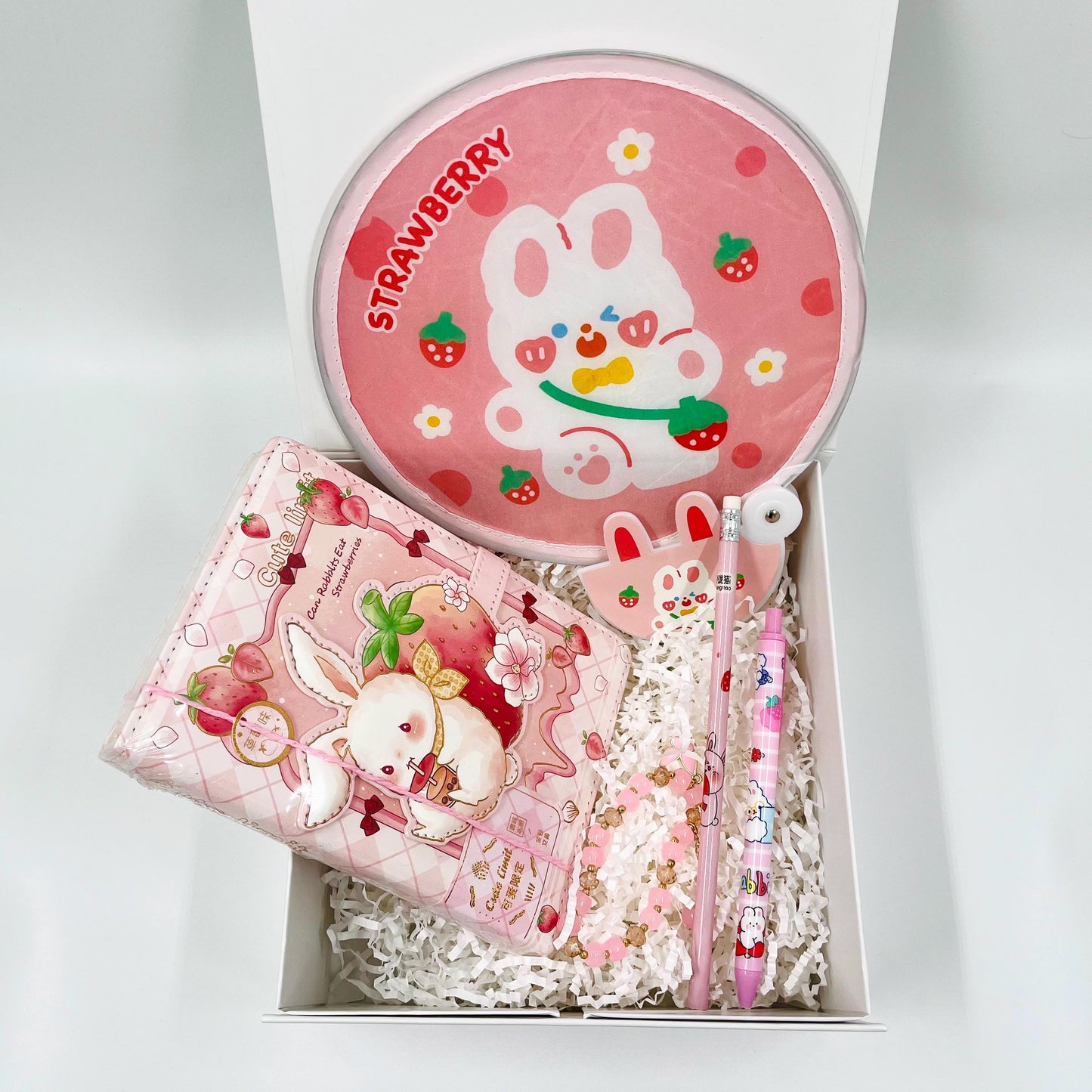 Strawberry Bunny Personalized Name Stationery Gift Box | Rabbit Notebook, Bracelet, Pen, Foldable Fan Gift for her, kids, and friends.