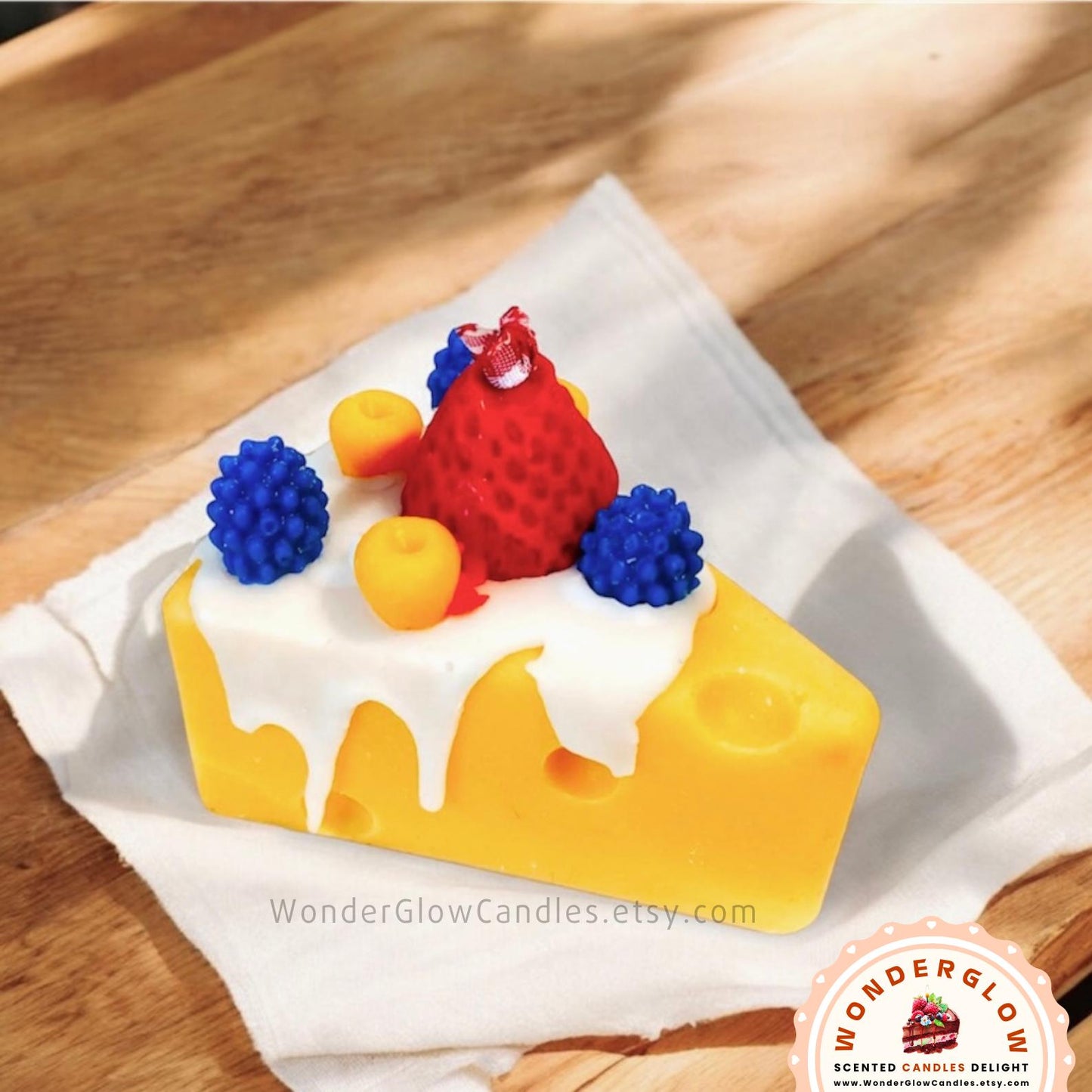 Cheese scented candle styled as a gift