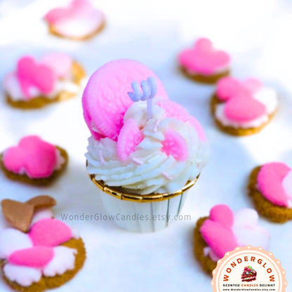 Dessert scented candle shown lit