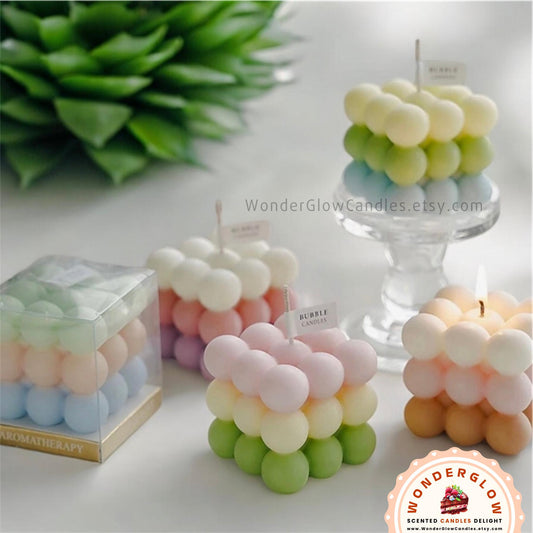 Bubble cube scented candle styled as a gift