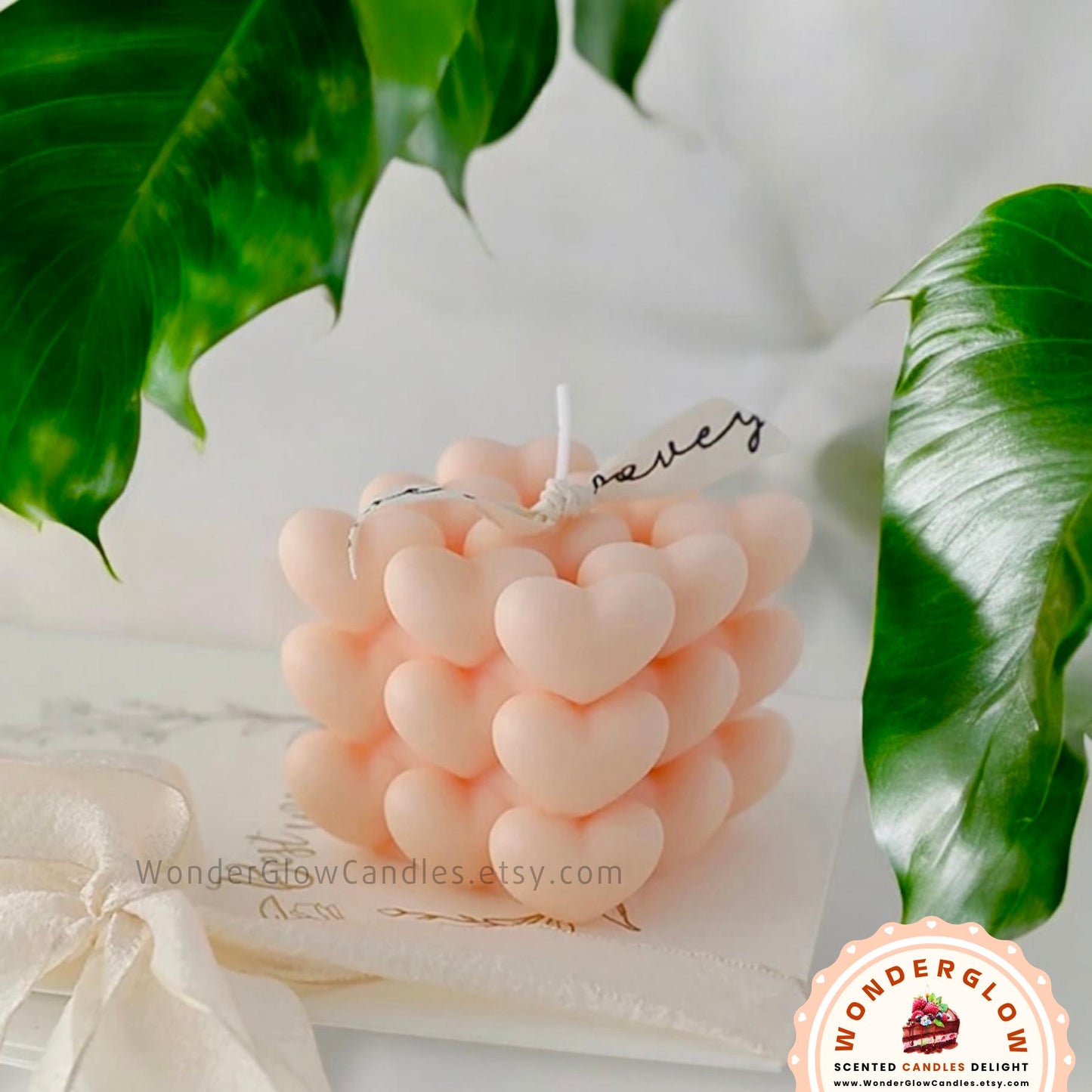 Close-up detail of the heart scented candle