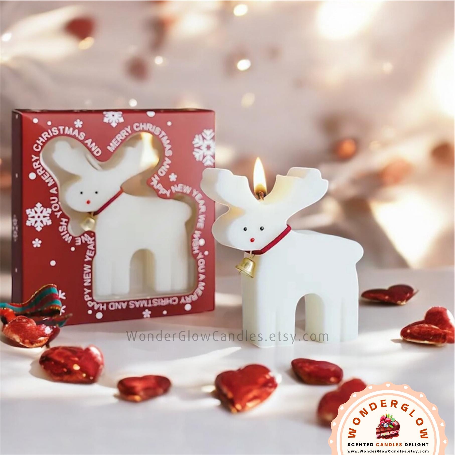 Close-up detail of the reindeer scented candle