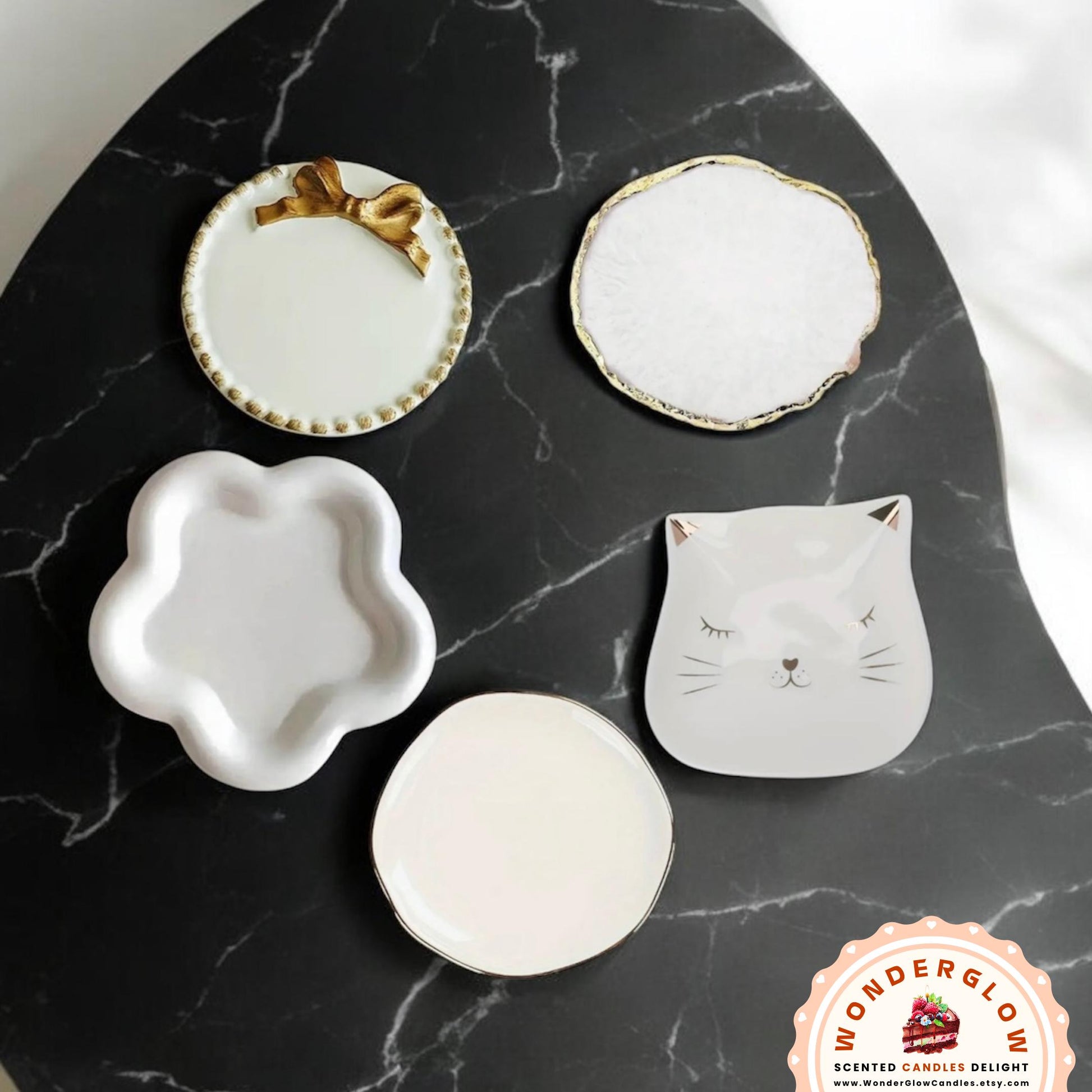 Close-up detail of the ceramic candle plate and trinket dish