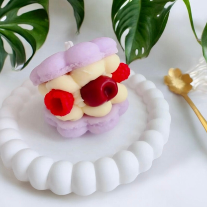 Lilac taro macaron scented candle with raspberries and a cherry
