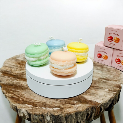 Pastel macaron scented candles in peach, green, blue and yellow with gift boxes