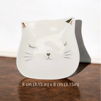 Cat shaped ceramic trinket plate with gold ears, 8 cm by 8 cm