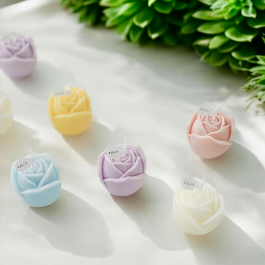 Rose bud shaped scented candles in purple, yellow, baby blue, lilac, peach and white