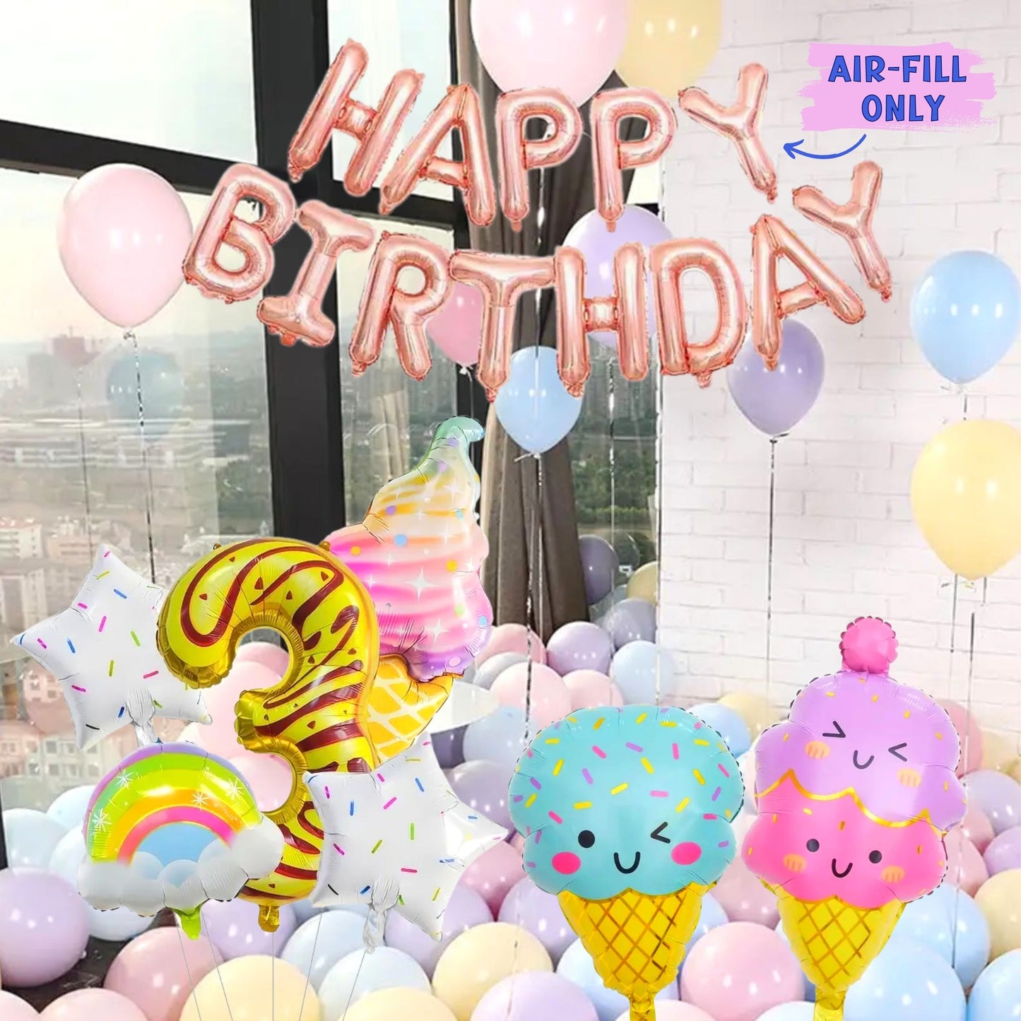 Sweet Candy and Ice-cream Balloon Kit with A Rose Gold Happy Birthday Balloon - BUNDLE - 128 pcs