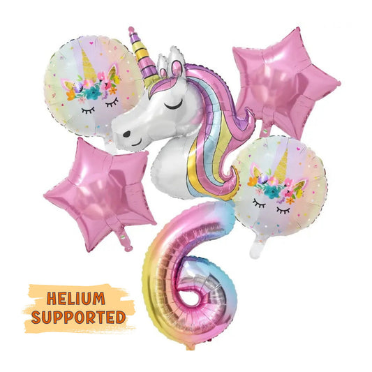 Unicorn Balloons, Rose Gold Stars, And Number Balloons -  Set of 6 pcs - 3D Unicorn Balloons With Rose Star Balloons And 1 Jumbo Number Rainbow Balloon Of Choice - Helium Supported