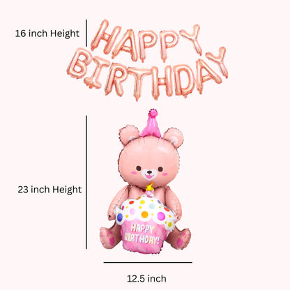 Pink Golden Agate Balloon Garland Kit + 1 Set of Rose Golden Happy Birthday Balloons +  1 Teddy Bear Holding Cake Balloon - BUNDLE - 84 pcs