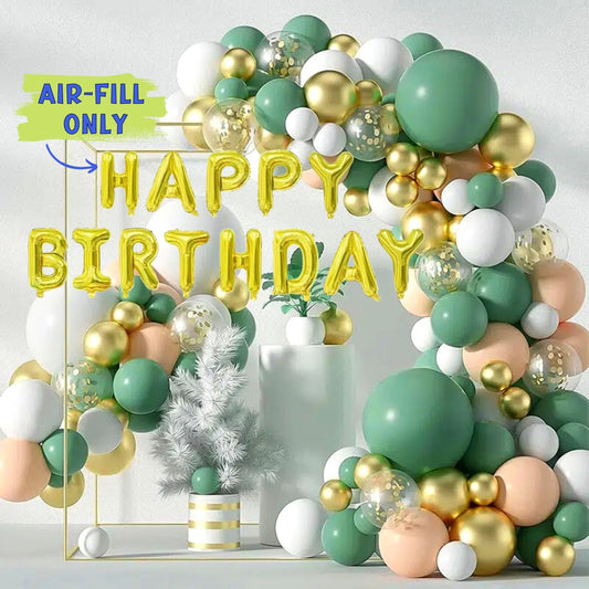 Elegant Gold Green Balloon Garland With A Set of Gold Happy Birthday Balloons - BUNDLE - 121 pcs - Birthday Party Balloon Garland Kit - Party Decoration Supplies