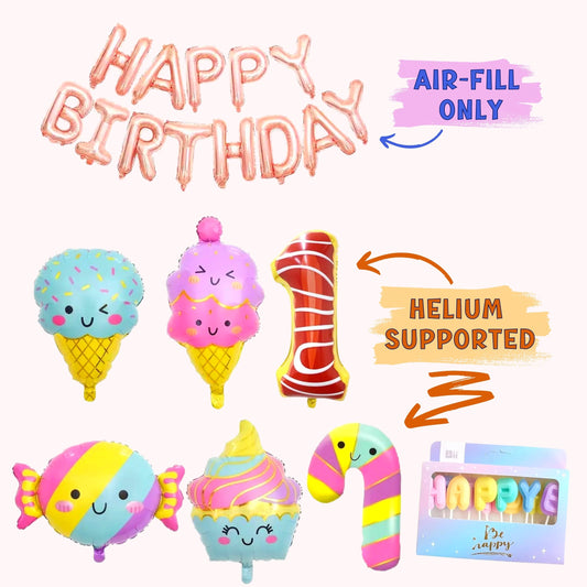 Sweet Candy Ice-cream Balloons, Multi-color Backdrop, Happy Birthday Candles, Number Balloon, and Rose Gold Happy Birthday Balloon - Party Decoration Balloon Garland Kit - BUNDLE - 8 pcs