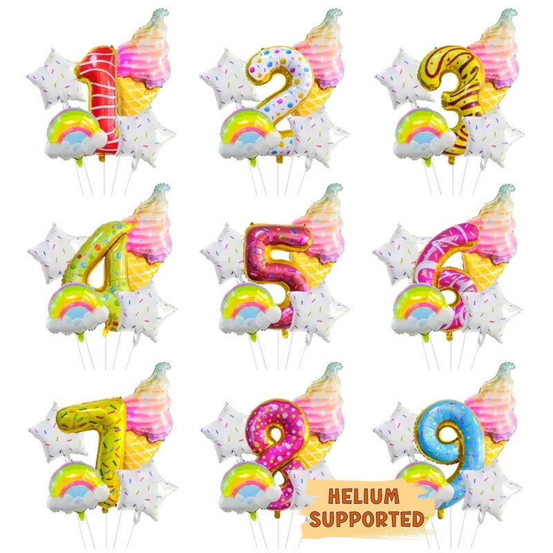 Ice Cream Birthday Balloon Set - 5 Helium-Supported Balloons - Customizable Number