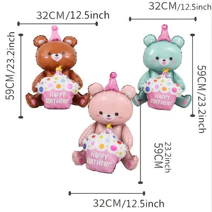 Self Stand Jumbo 3D Bear Holding A Birthday Cake Balloon - 1 Bear Balloon - 23'' or 31" Tall