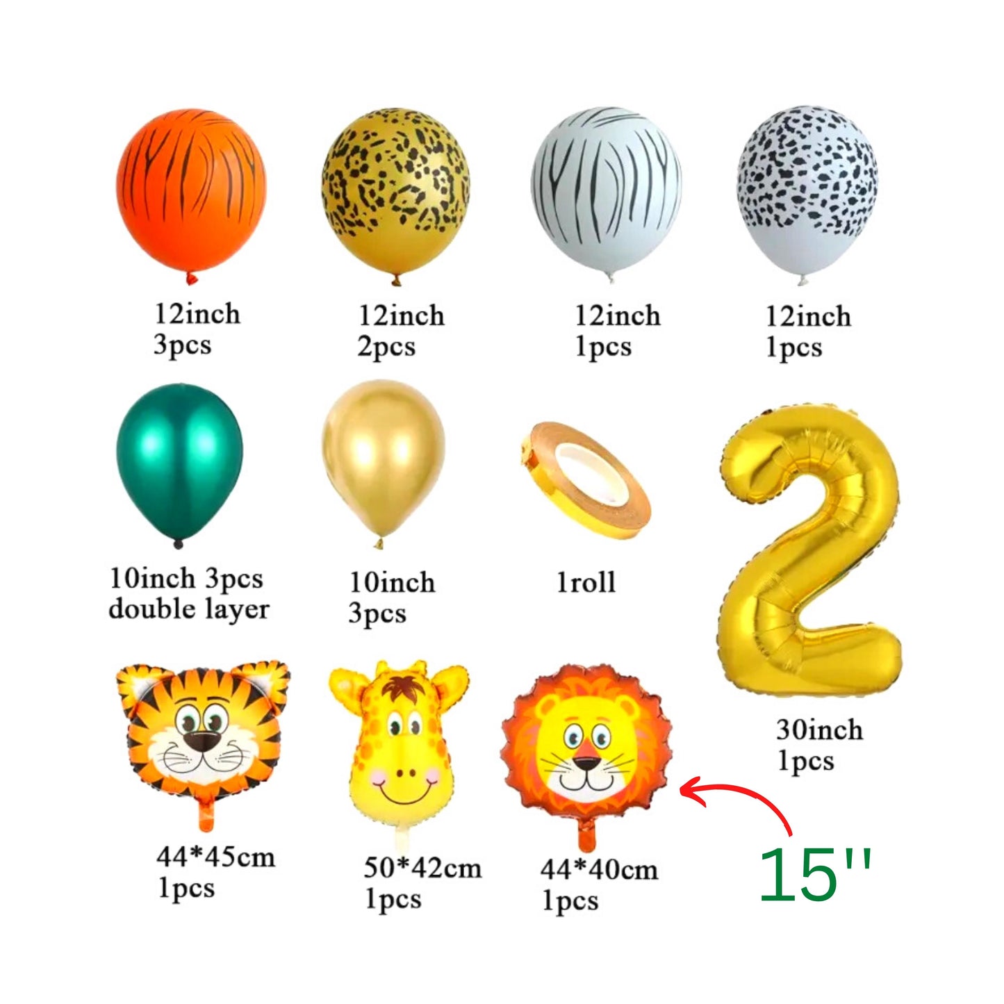 Safari Animals Birthday Balloons Kit - Set of 17 items - Choose the number of your choice