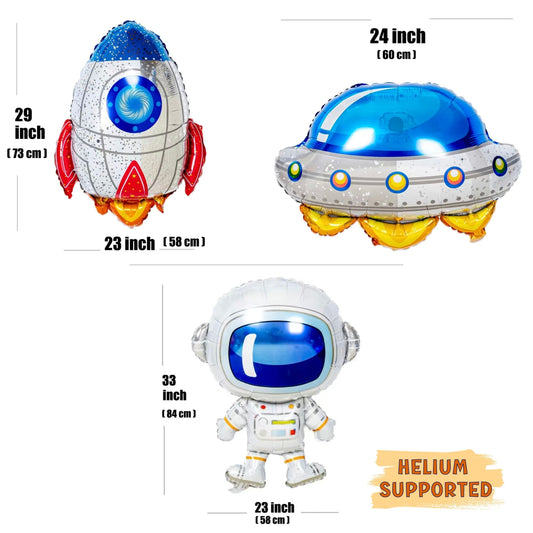 Astronaut, Rocket, UFO Balloons Set - 3 Pcs - 29'' to 33'' Tall Foil Balloons - Helium Supported