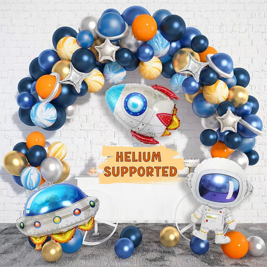 Space Party Decoration Balloon Garland Set - UFO, Rocket, Astronaut, Navy Blue Silver Foil Latex Balloons - Helium Supported - BUNDLE - 108 Pcs - Party Decoration Balloons