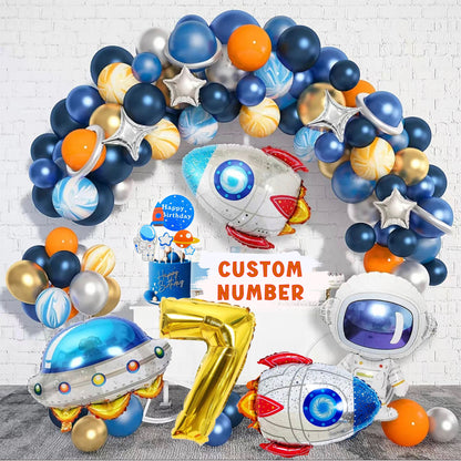 Space Party Decoration Balloon Garland Set + Cake Topper + Number Balloon Of Your Choice - Helium Supported - Party Decoration Balloons