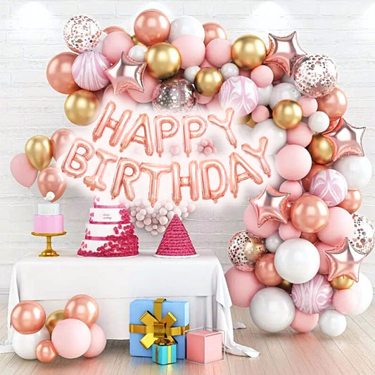 Pink Gold Agate Balloon Garland Kit with 1 Set of Rose Golden Happy Birthday Balloons - Party Decoration Balloon Garland Arch Kit -BUNDLE - 83 pcs