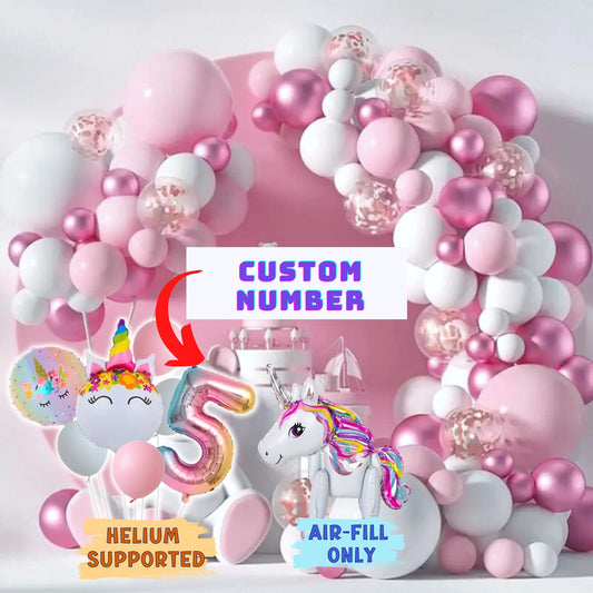 Unicorn Number Birthday Balloons Set - 124 pcs - Unicorn Balloon Pastel Pink Arch Kit - Unicorn Balloon - Set of Number And Unicorn-Themed Balloons