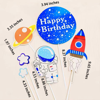 Astronaut Planets Rockets Birthday Cake Topper  Set - 6 pcs - Space Birthday Theme Decoration.