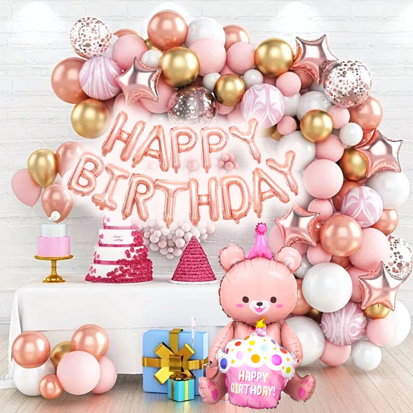 Pink Golden Agate Balloon Garland Kit + 1 Set of Rose Golden Happy Birthday Balloons +  1 Teddy Bear Holding Cake Balloon - BUNDLE - 84 pcs