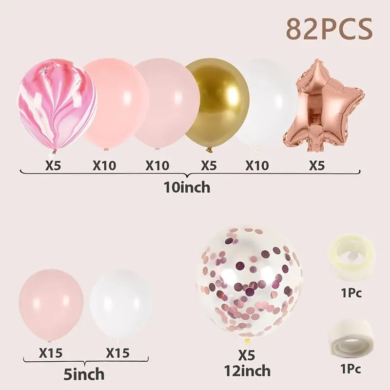 Pink Golden Agate Balloon Garland Kit + 1 Set of Rose Golden Happy Birthday Balloons +  1 Teddy Bear Holding Cake Balloon - BUNDLE - 84 pcs