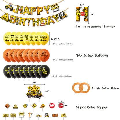 Construction-themed Birthday Tableware Set - Happy Birthday Banner + Cake & Cupcake Toppers + 24 Balloons