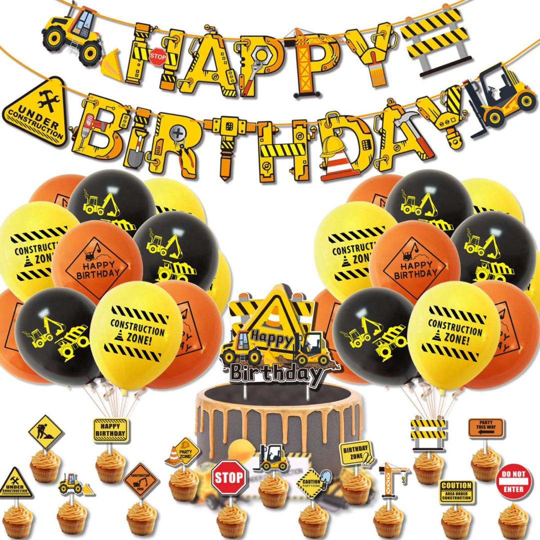 Construction-themed Birthday Tableware Set - Happy Birthday Banner + Cake & Cupcake Toppers + 24 Balloons