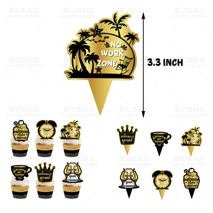 Happy Retirement Party Decorations Tableware Set - Black and Gold Happy Retirement Decoration - Banner, Cake Toppers, Cupcake Toppers, Plates, Cups, Napkins, Balloons, Tablecloth