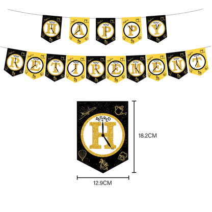 Happy Retirement Party Decorations Tableware Set - Black and Gold Happy Retirement Decoration - Banner, Cake Toppers, Cupcake Toppers, Plates, Cups, Napkins, Balloons, Tablecloth