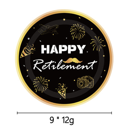 Happy Retirement Party Decorations Tableware Set - Black and Gold Happy Retirement Decoration - Banner, Cake Toppers, Cupcake Toppers, Plates, Cups, Napkins, Balloons, Tablecloth