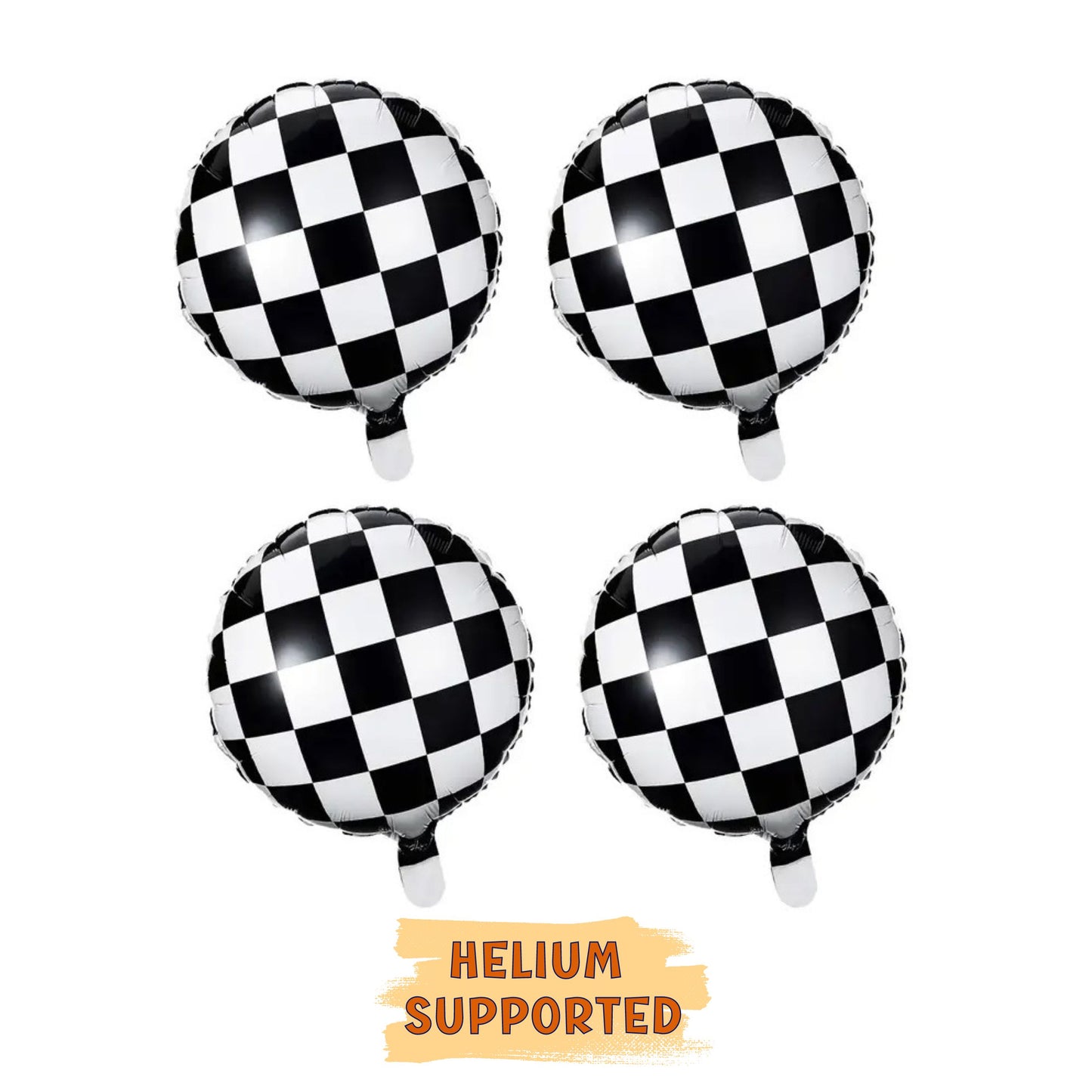 Checkerboard Balloons Set of 4 Balloons - JUMBO Size 18'' - Bundle Them With Car Race Birthday Theme Decoration - Helium Supported