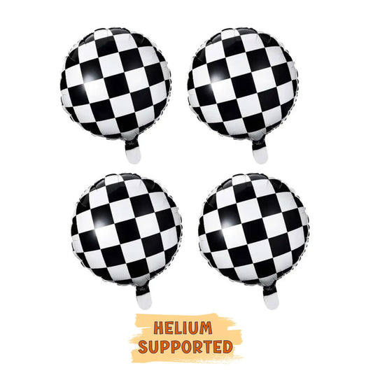 Checkerboard Balloons Set of 4 Balloons - JUMBO Size 18'' - Bundle Them With Car Race Birthday Theme Decoration - Helium Supported