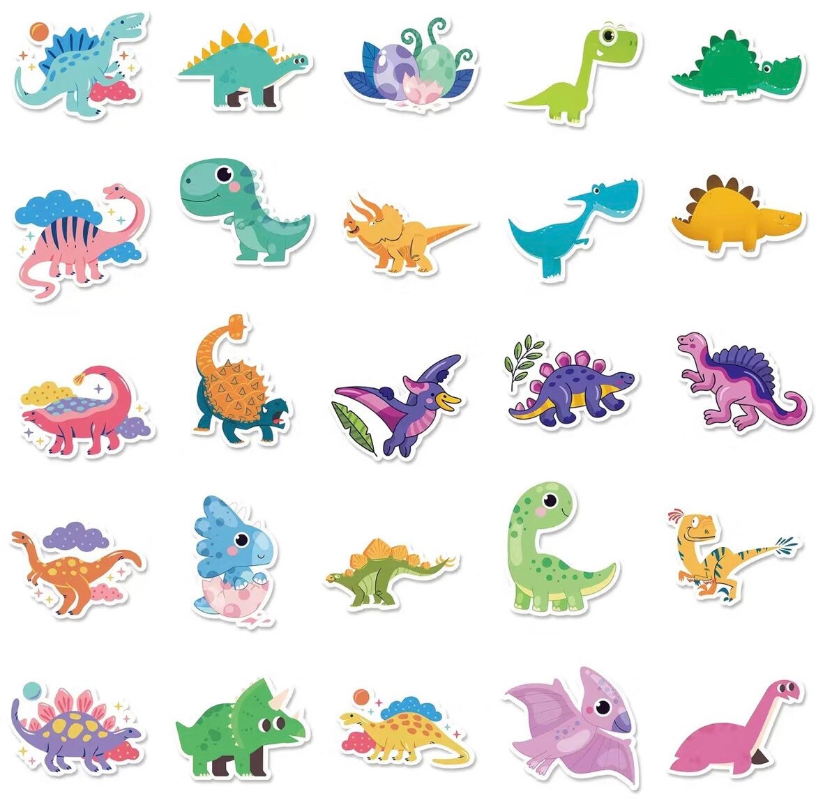 Dinosaur Stickers Pack - 50 pcs - Cartoon Style 2 - Cute Dino Themed Birthday Sticker - Birthday Favors - Dino Vinyl Stickers For Kids