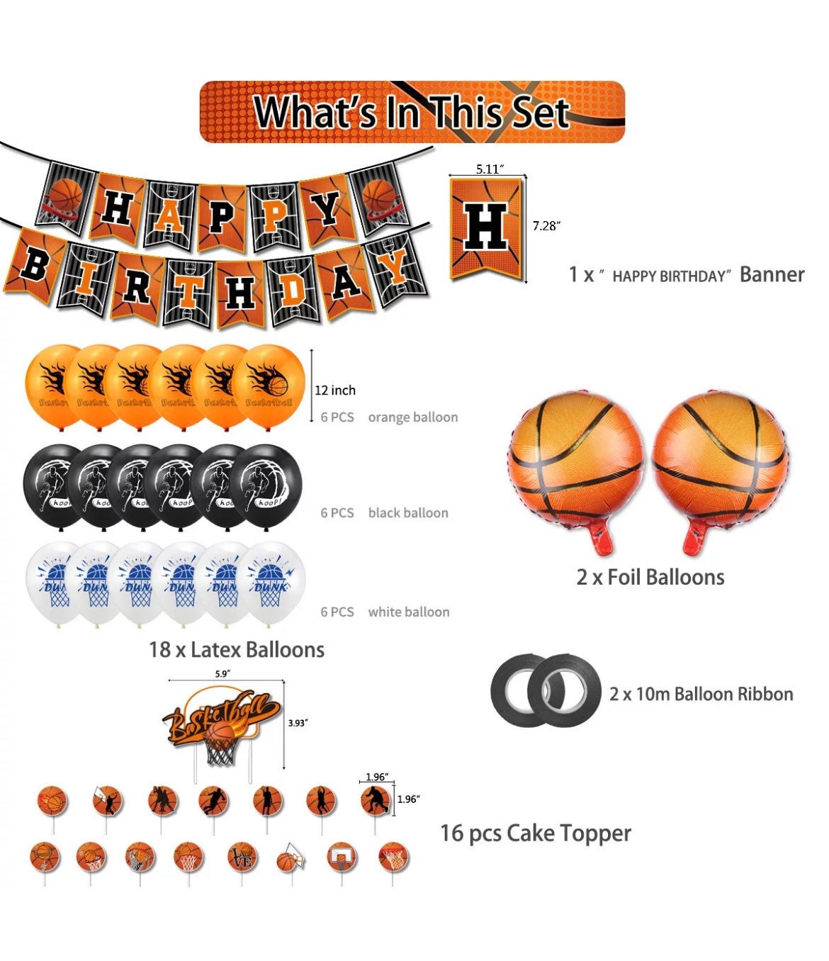 Basketball Birthday Party Decorations - Happy Birthday Banner/Foil Party Balloons/Balloon Garland/Cake Toppers - Sport Party Decor