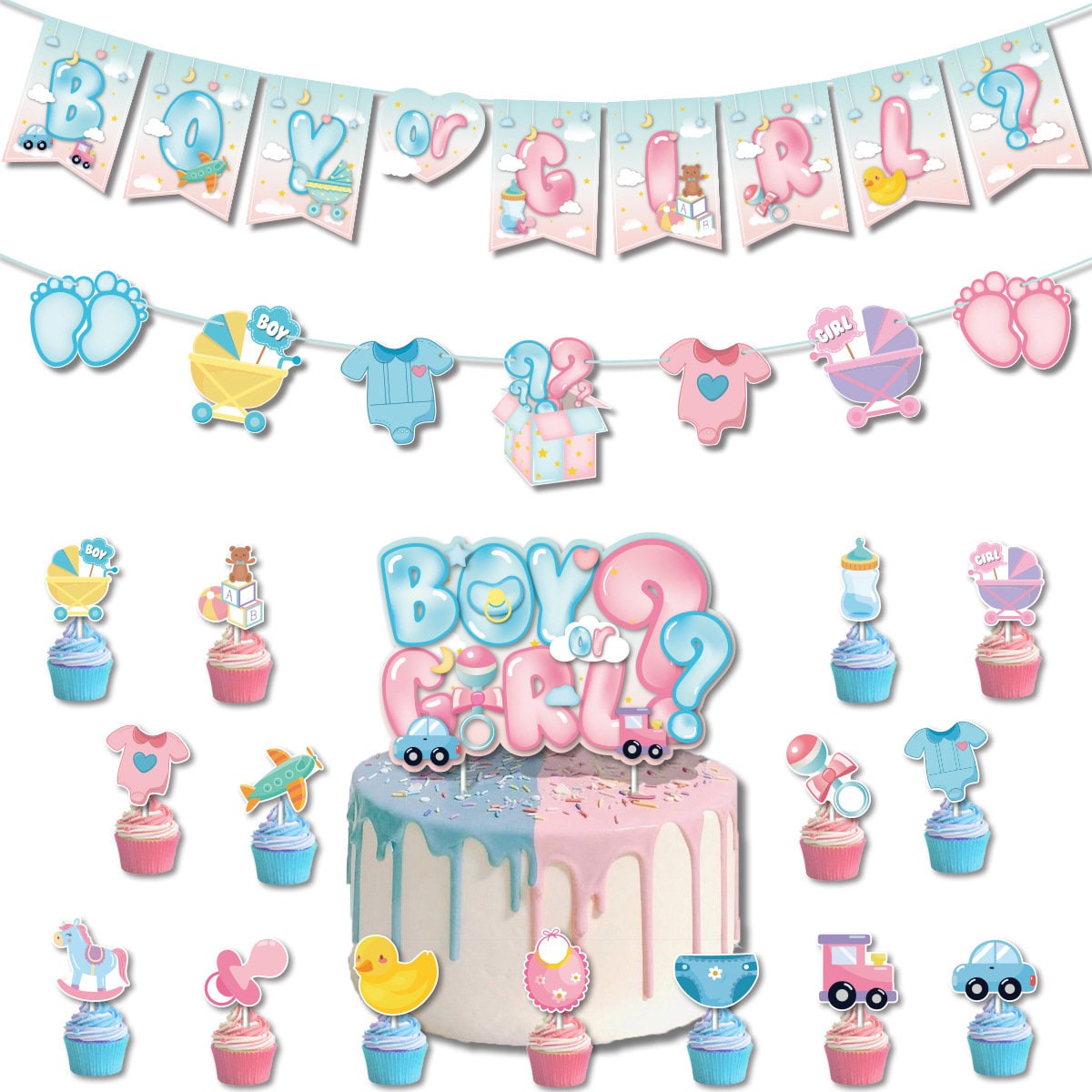 Gender Reveal Banner, cake topper, cupcake topper. Boy or girl party tableware set. Pink or Blue, Miss or Man Party Ideas.