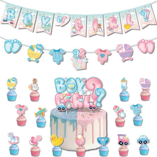 Gender Reveal Banner, cake topper, cupcake topper. Boy or girl party tableware set. Pink or Blue, Miss or Man Party Ideas.